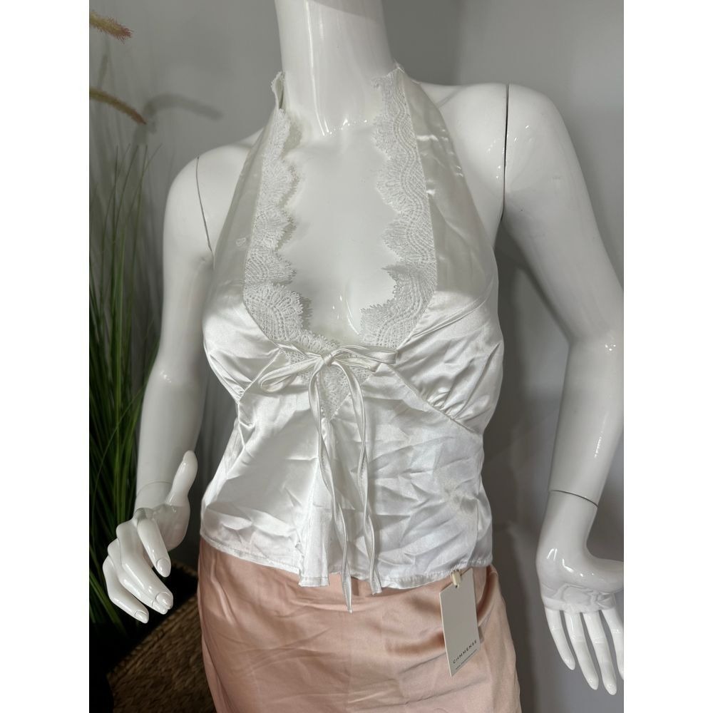 Commense Y2K White Satin Halter Top Lace Trim Plunge Backless Crop Size S - Picture 3 of 11